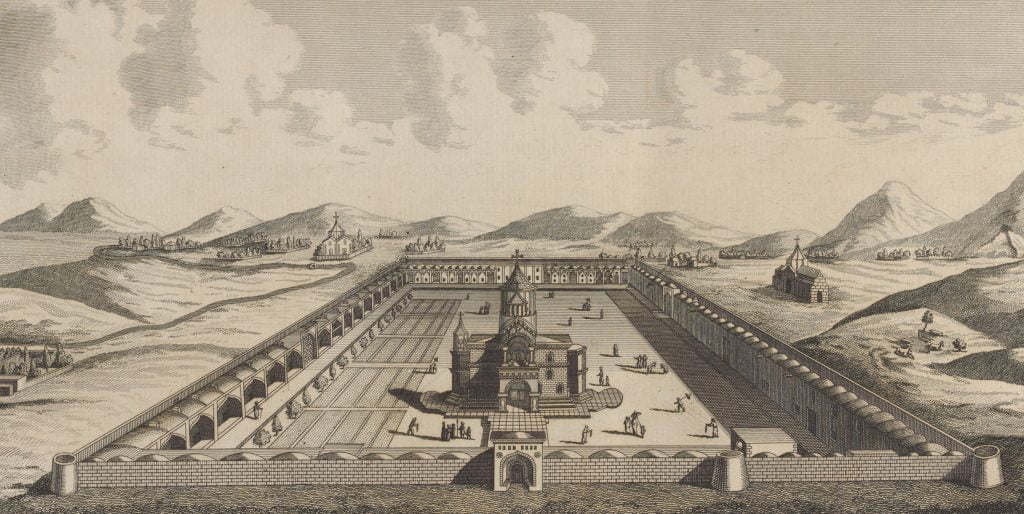 The Etchmiadzin Cathedral (Armenia) and the surrounding according to French traveler Jean Chardin, 17th century