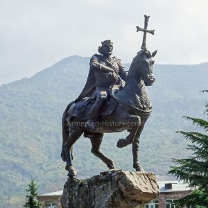 The statue honoring the king Ashot II stands in Ijevan, Armenia, created by sculptor Armen Davtyan with the assistance of Gor Davtyan.