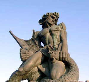 Statue of Vahagn the Dragon Slayer choking a dragon in Yerevan. Artist/Sculptor: Karlen Nurijanyan