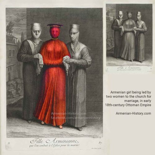 Armenian girl being led by two women to the church for marriage, in early 18th-century Ottoman Empire