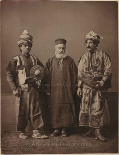 An Armenian priest of Aghtamar (Van, Western Armenia) is shown alongside a Kurdish cavalryman and an infantryman. Photograph dated 1873, by Pascal Sebah.