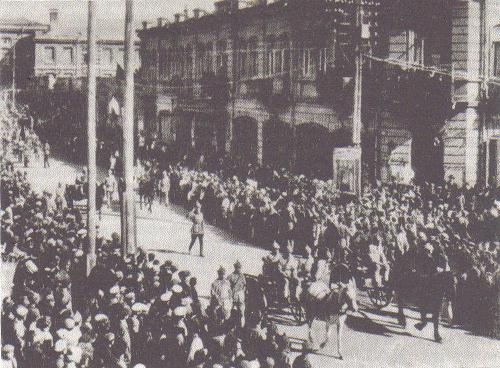 The 11th Red Army marching down a street in Yerevan, the capital of the Republic of Armenia on November 29, 1920