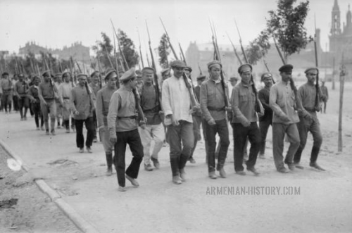 Armenian militia marching through the streets of Baku, 1918